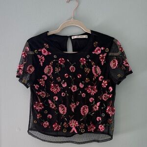 Zara Black Sheer Crop Top with Pink Floral Embroidery